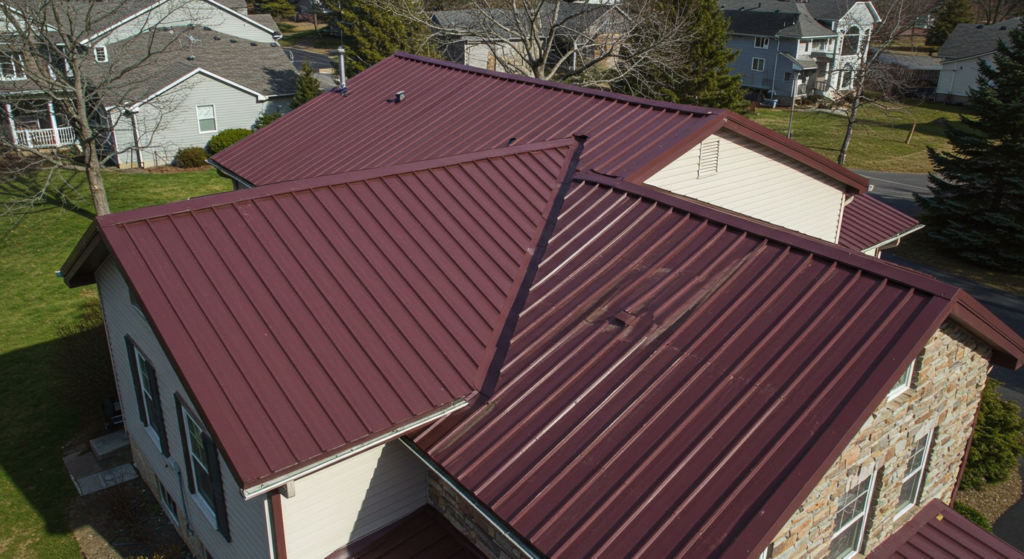 Side-angle aerial view of a dark maroon metal roof on a home in Stroudsburg, PA, showcasing seamless panels and modern design.